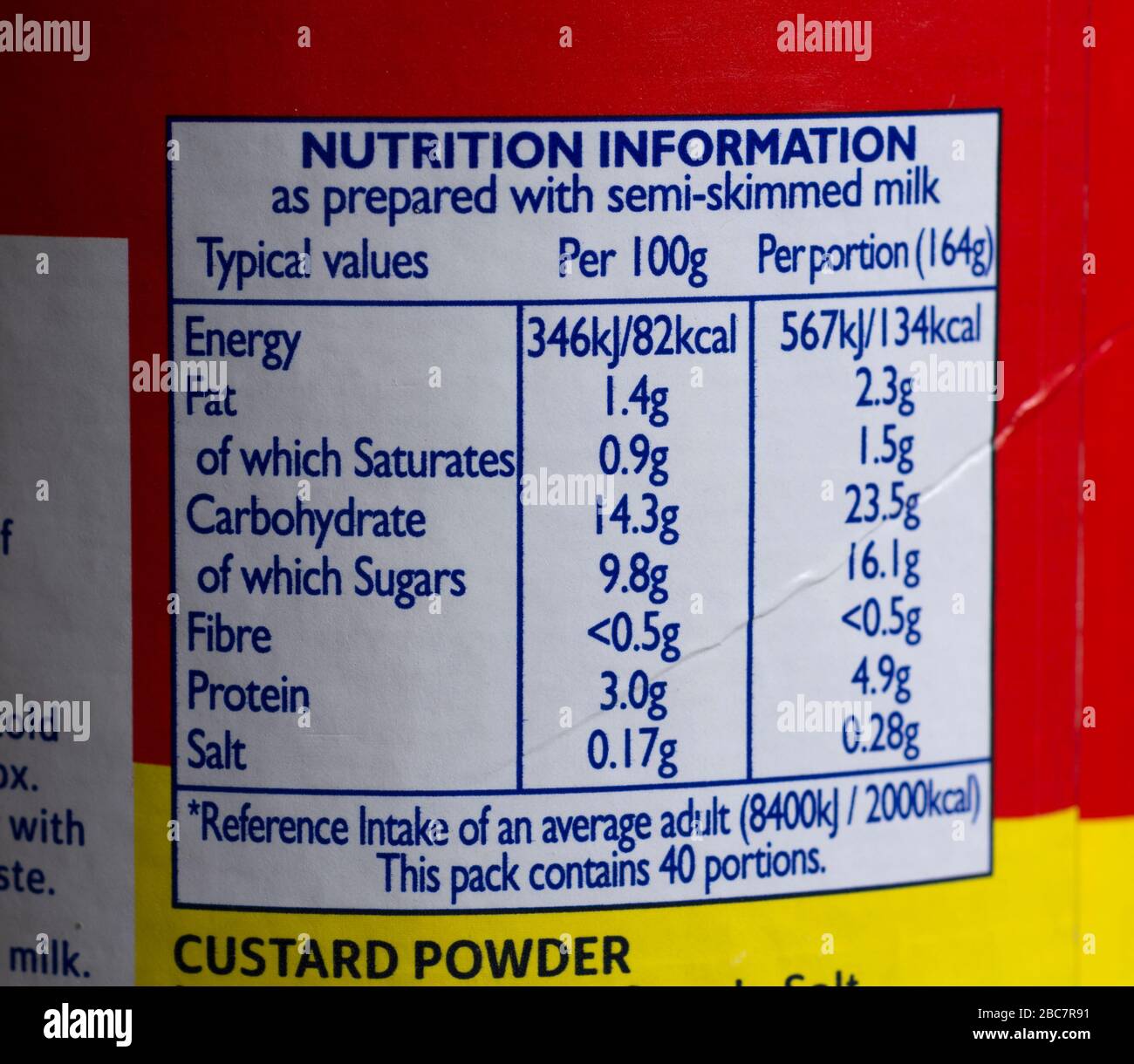 Nutrition information on a container of Bird`s custard powder. Stock Photo